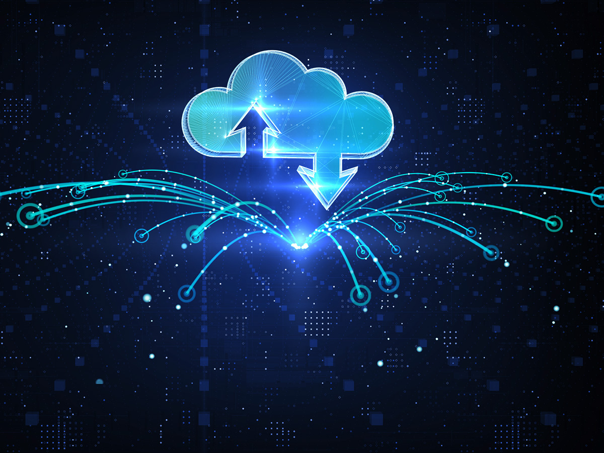 Image fond noir avec une nuage bleu et des liens pour montrer le cloud