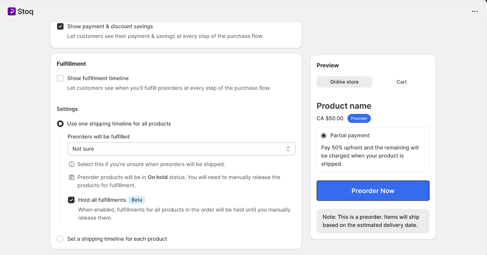 STOQ preorder admin screen showing 'hold all fulfillments' feature.