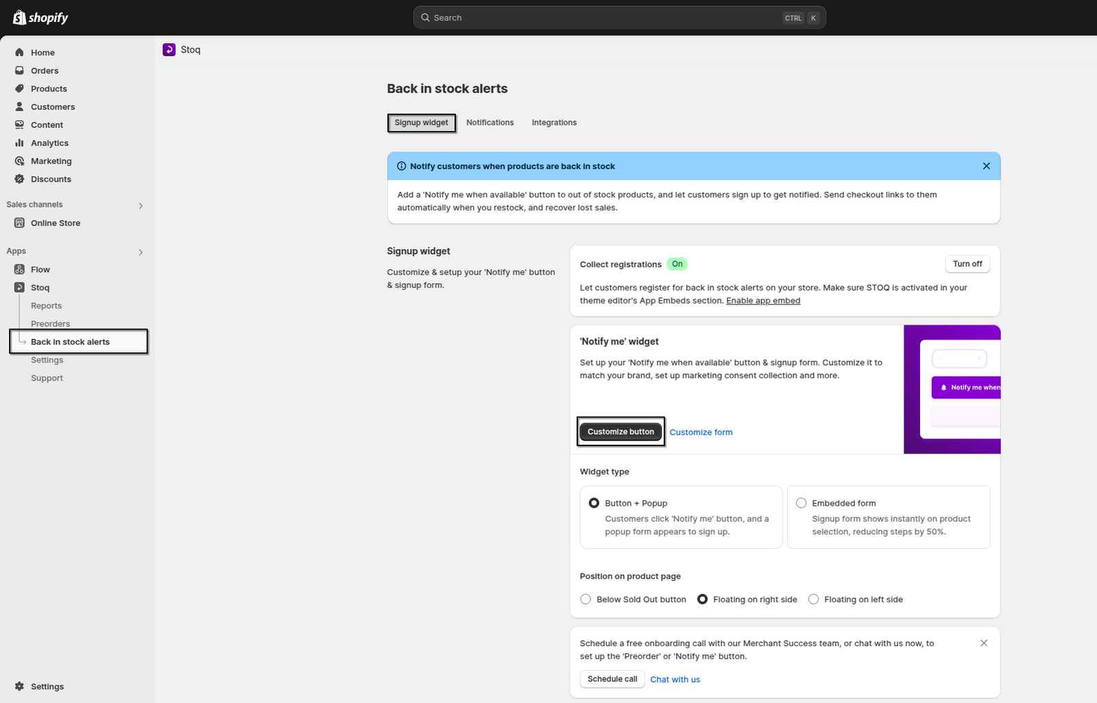 Navigate to Button customization in STOQ back in stock alerts dashboard