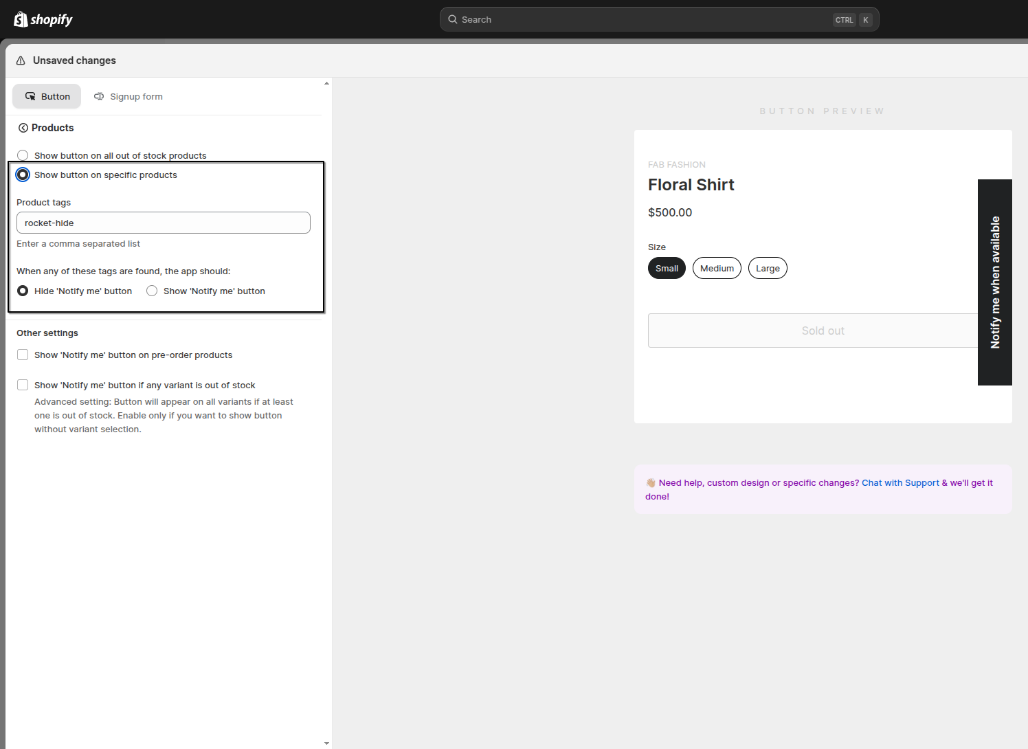 Show button on specific products configuration