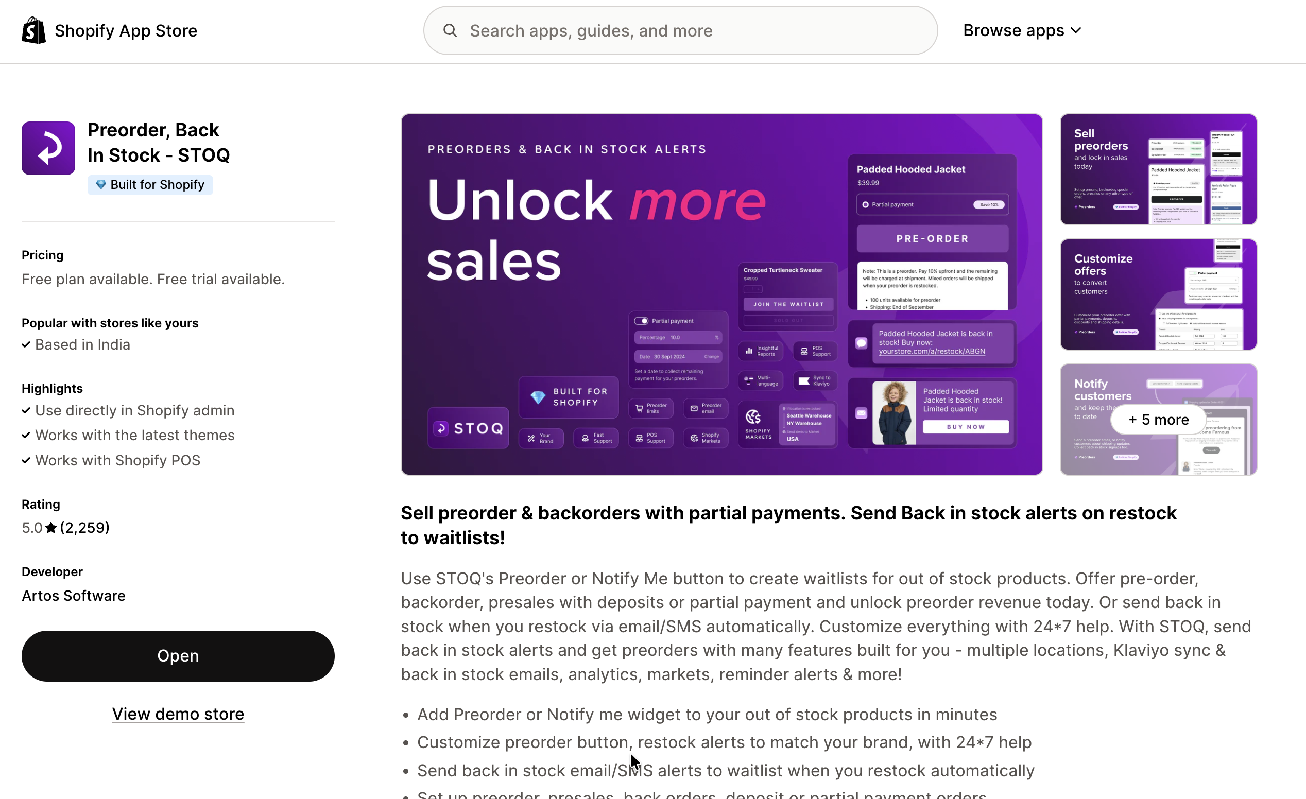 STOQ's Shopify app store listing