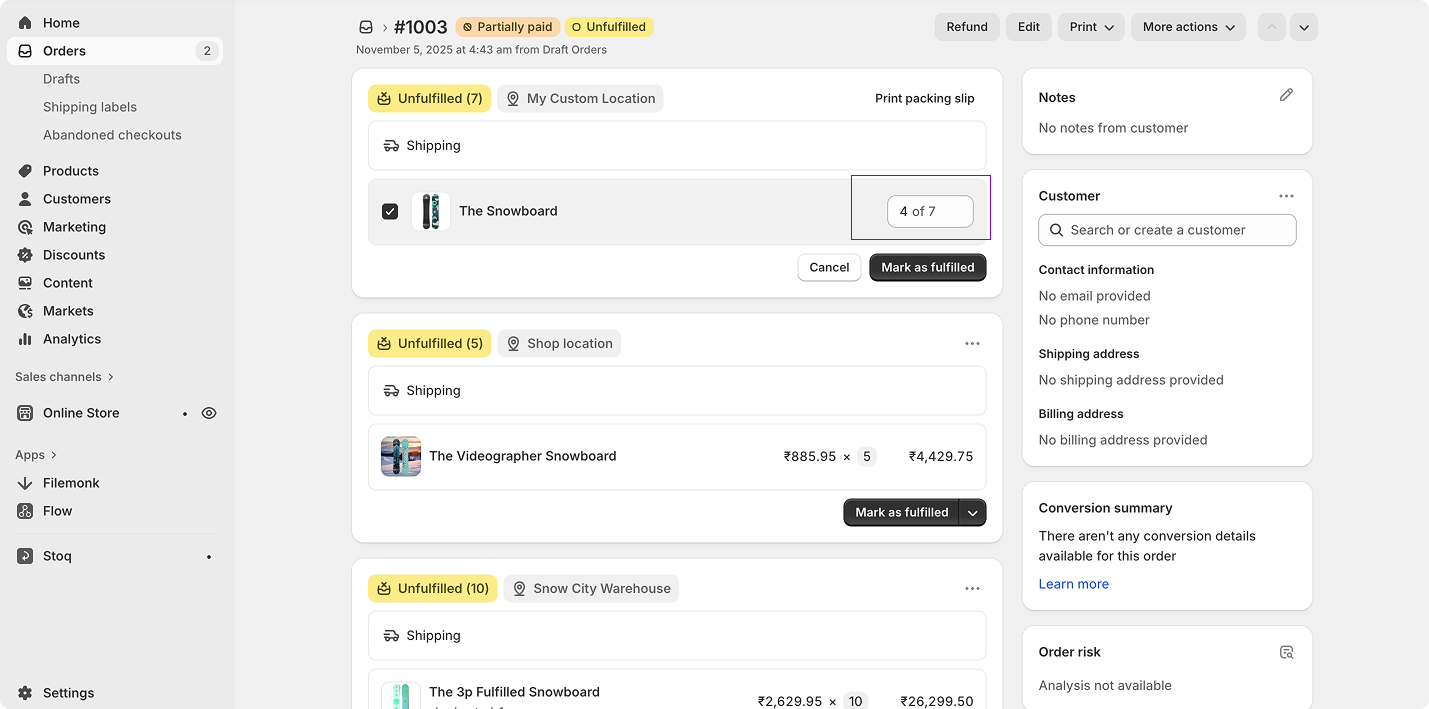 Shopify dashboard to add number of items to be shipped