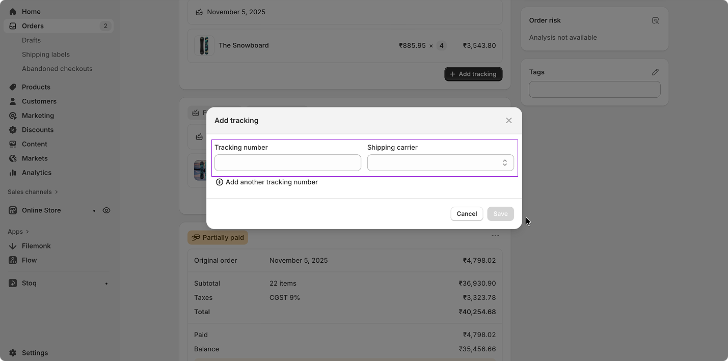 Shopify unfulfilld products tracking number