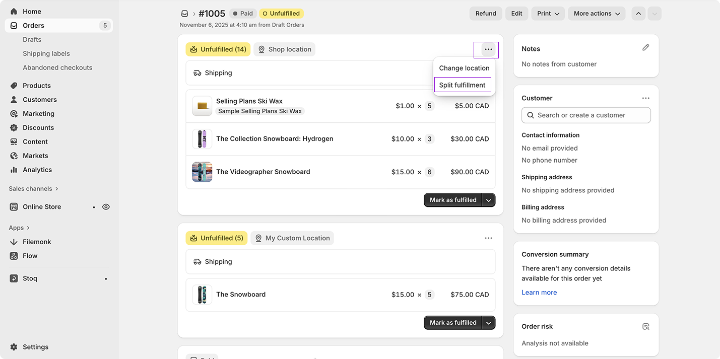 Split same location mixed orders in Shopify
