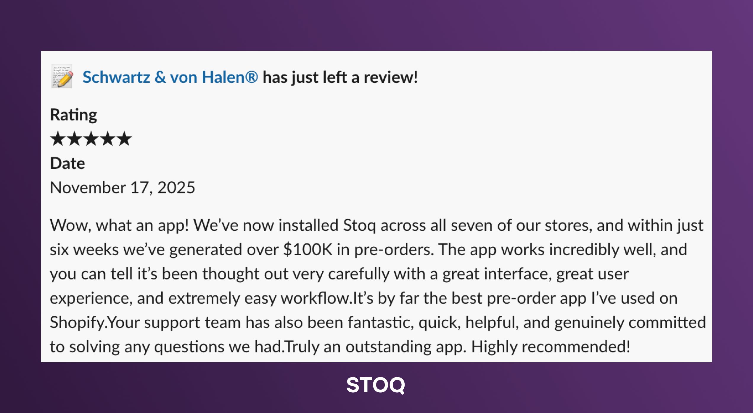 STOQ Shopify preorder app reveiw from Schwartz & von Halen
