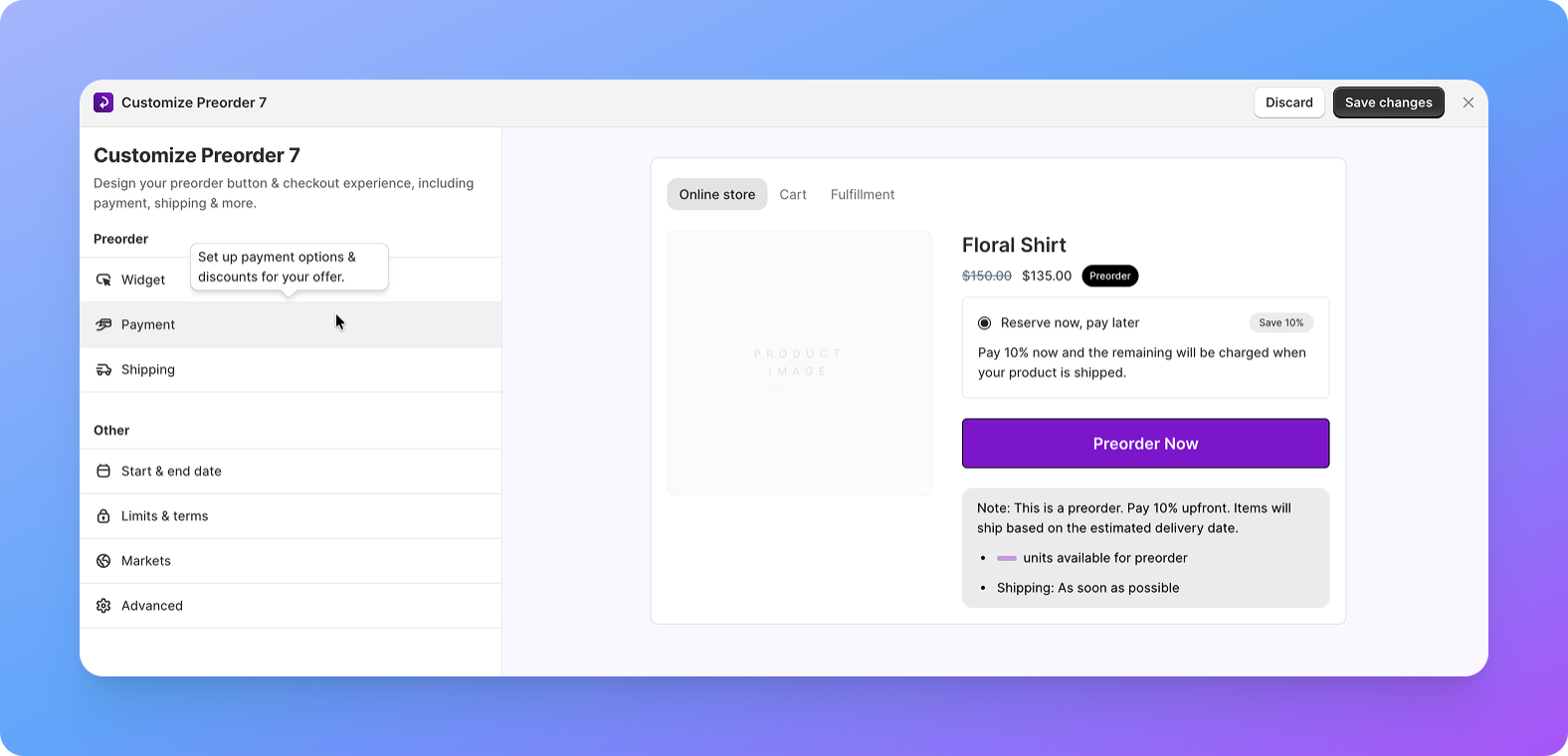 A STOQ app dashboard screen showing preorder editor