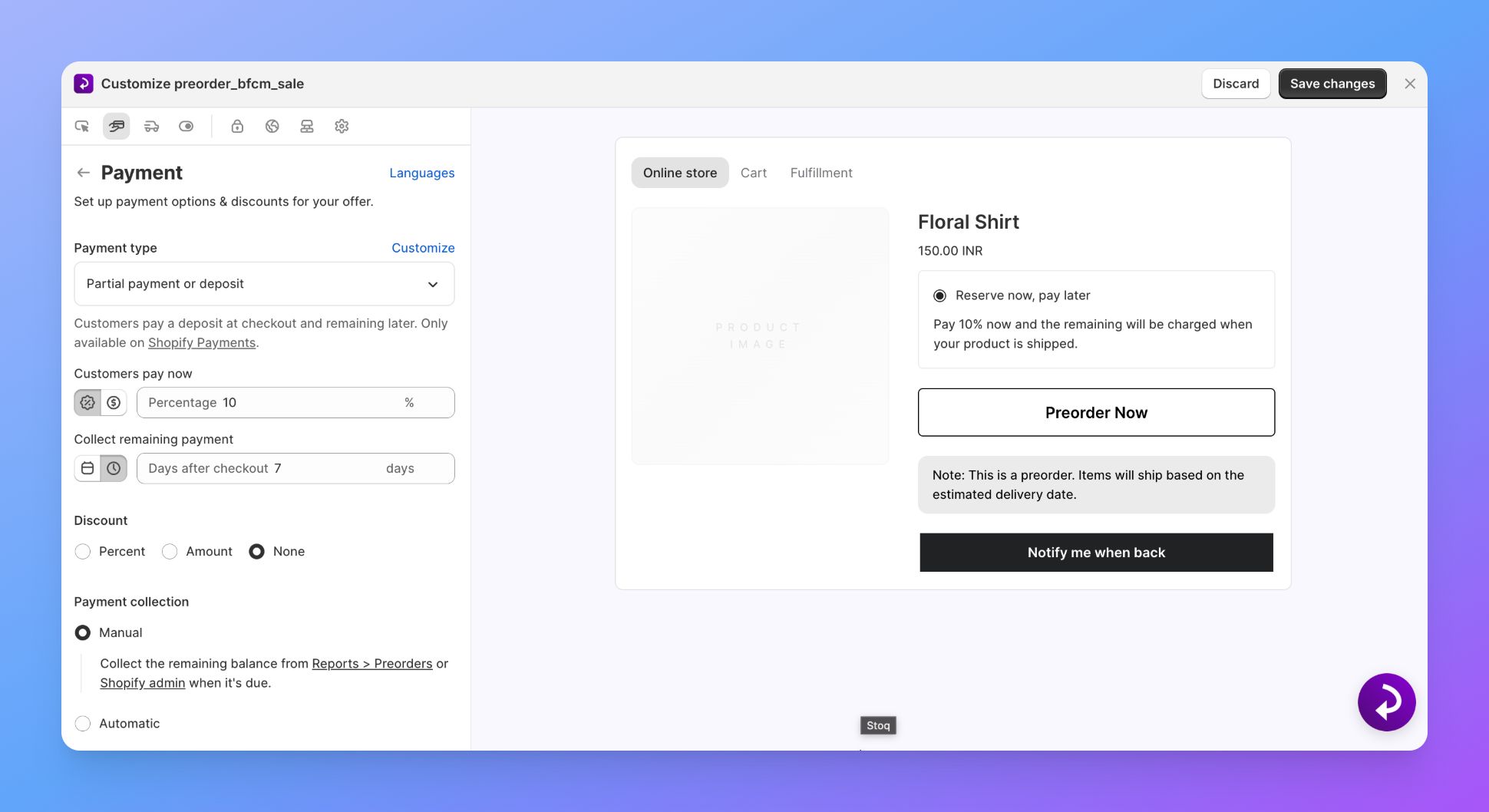 Configure partial payment settings STOQ