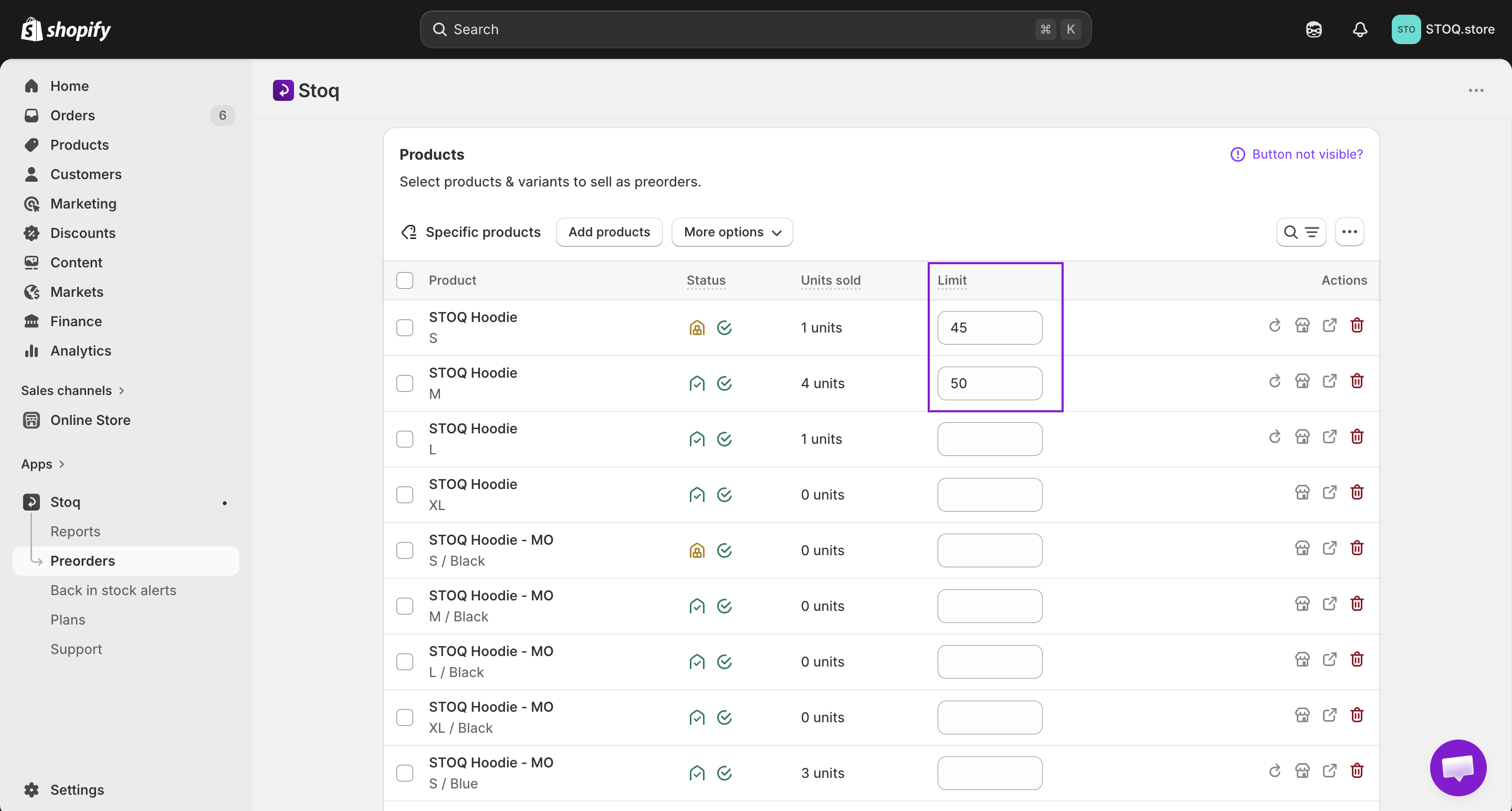 STOQ preorder dashboard to set limits at the variant level on Shopify