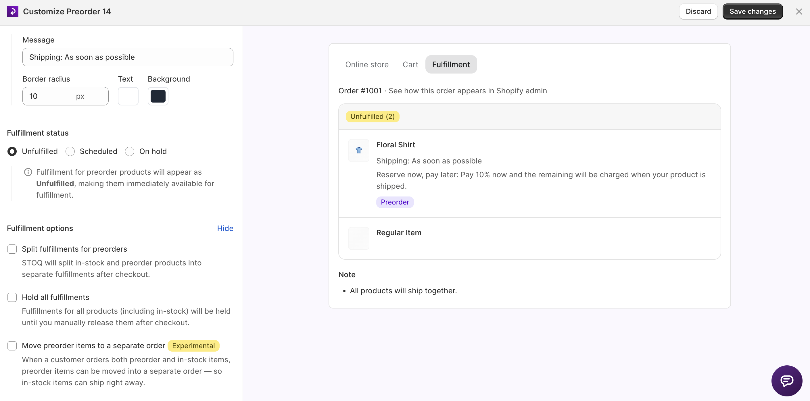 STOQ preorder fulfillment options screen