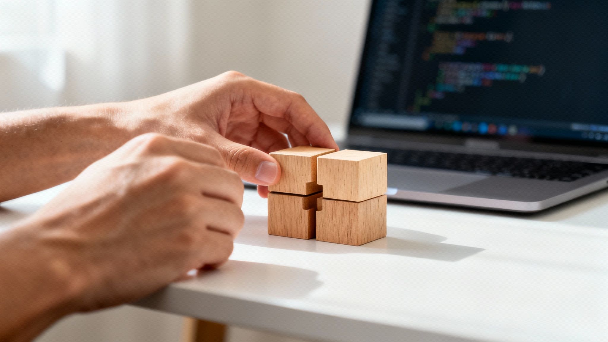 LEGO bricks being connected, symbolising how unit and integration tests fit together.