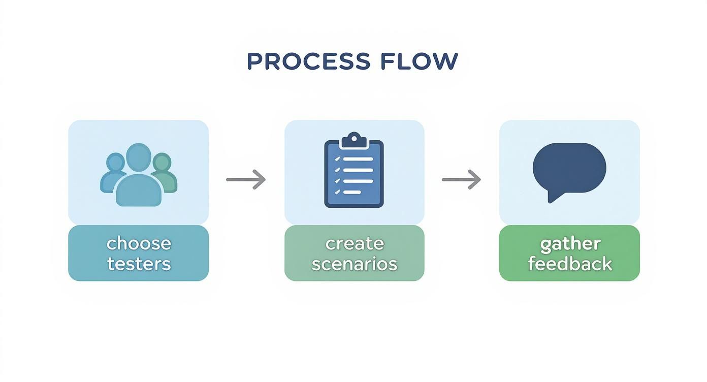 Infographic showing the User Acceptance Testing process flow, with icons for choosing testers, creating scenarios, and gathering feedback.