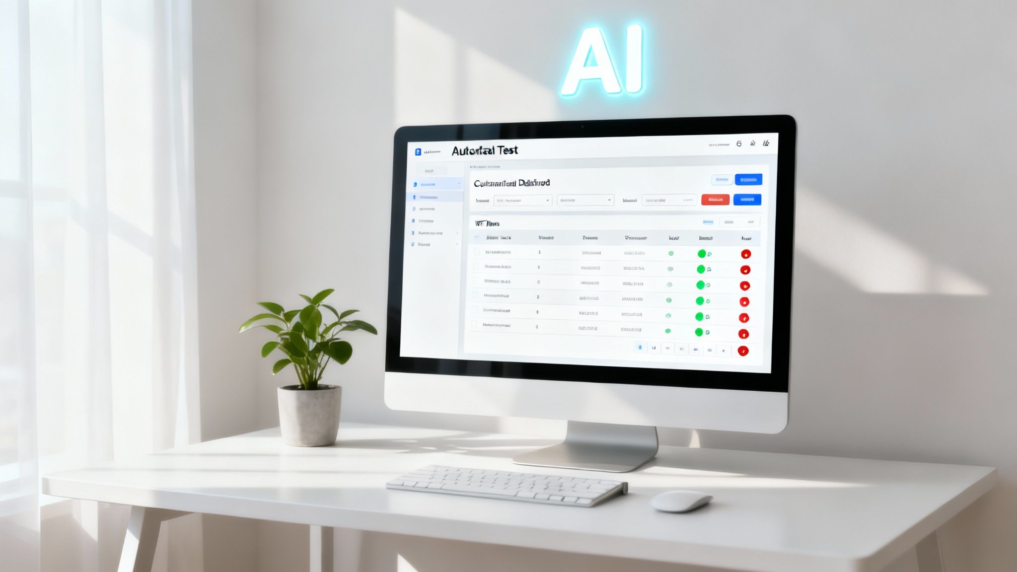 An abstract image showing robotic arms and digital interfaces interacting, symbolizing AI and automation in software testing.
