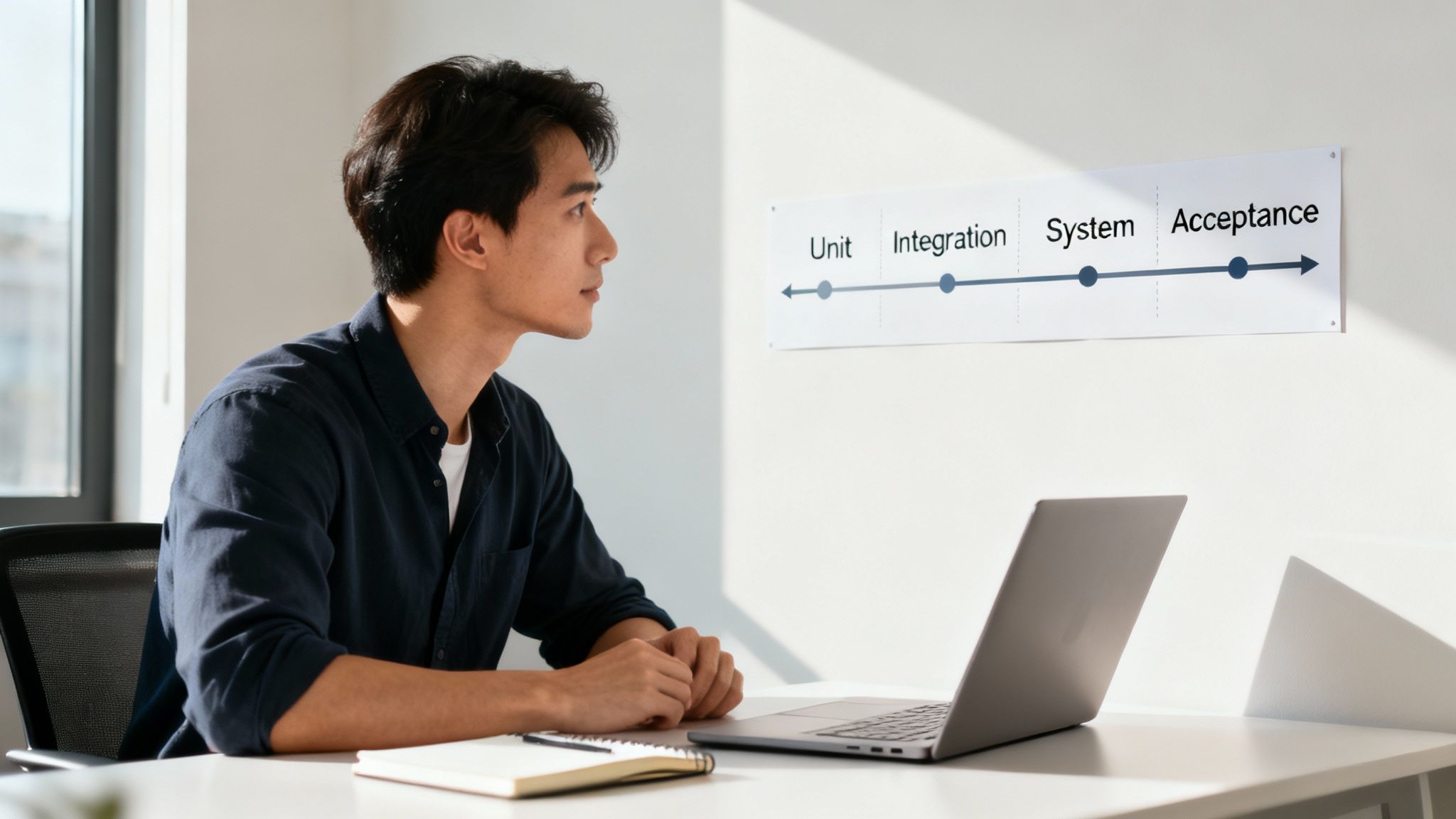 An abstract image showing a series of gears and checks, representing the interconnected phases of software testing