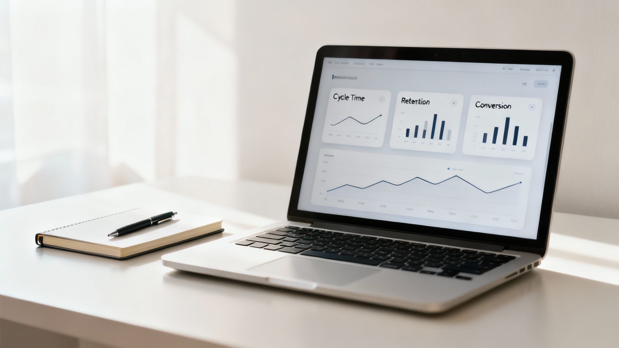A modern dashboard showing various charts and graphs representing key business and development metrics.