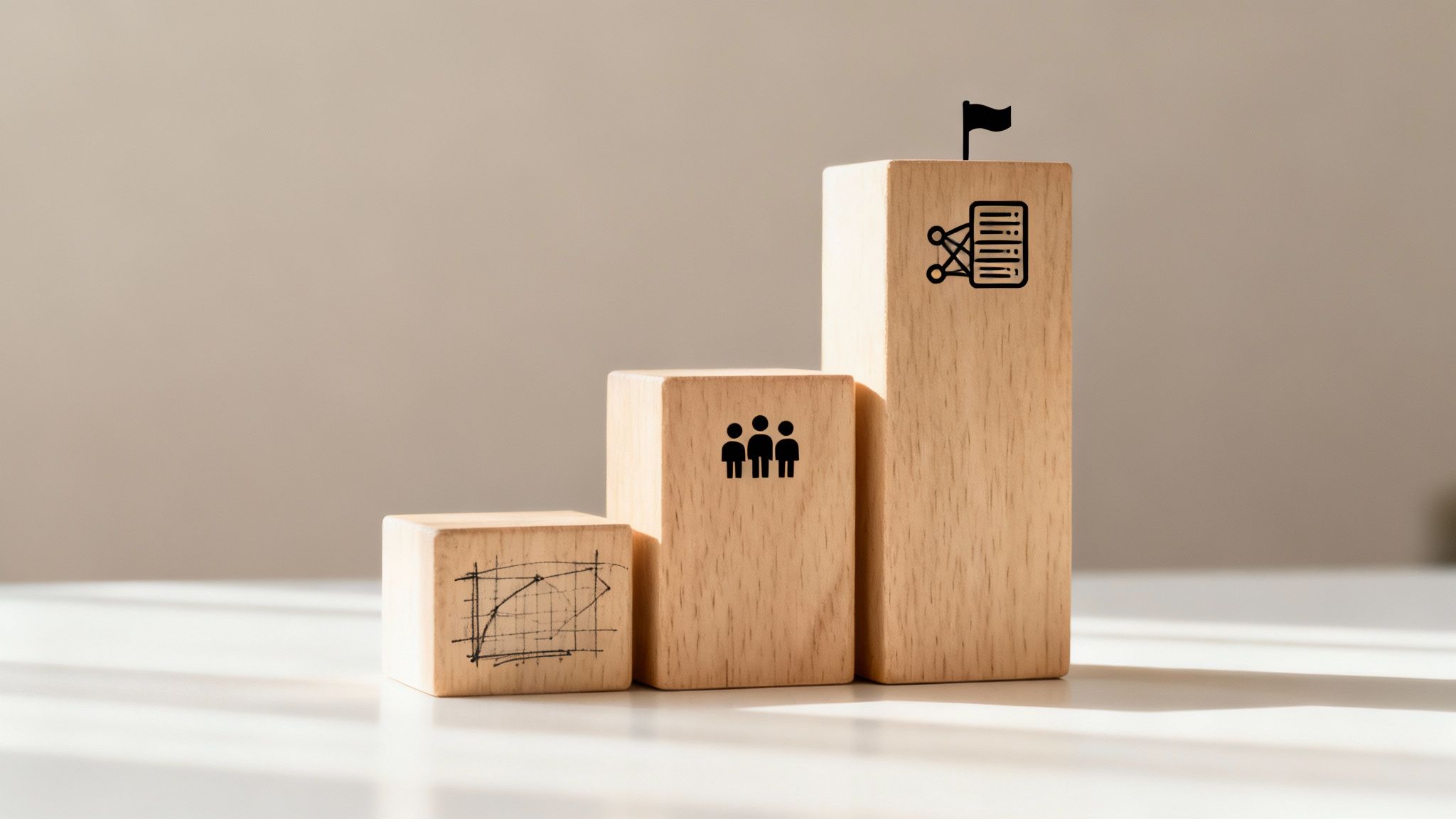 A graph showing an upward curve for growth, with a small startup team at the beginning and a larger, more structured team at the end.