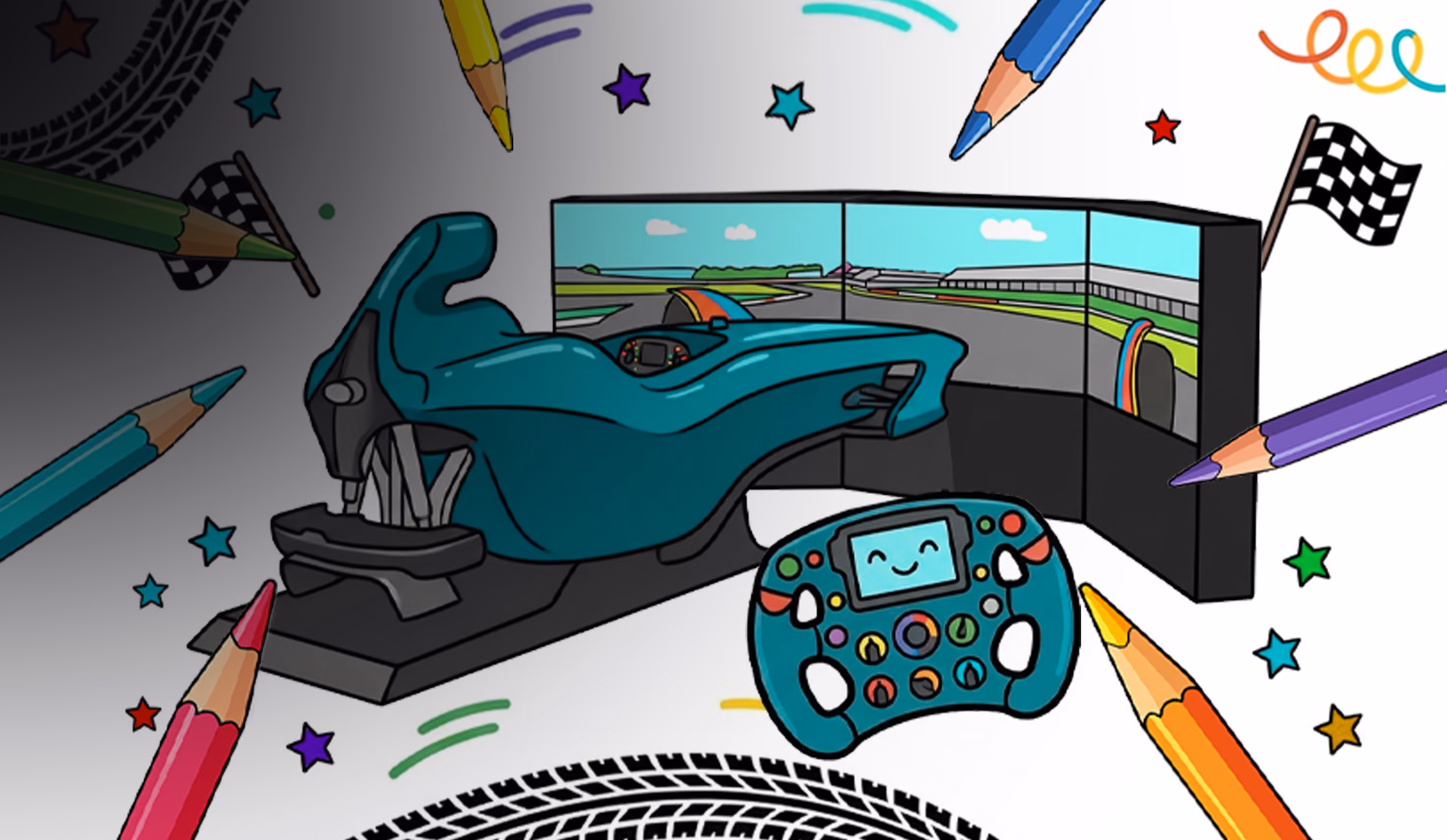Ilustración para un libro para colorear con temática de carreras, en la que aparece una escena de un simulador de carreras adaptada para niños.
