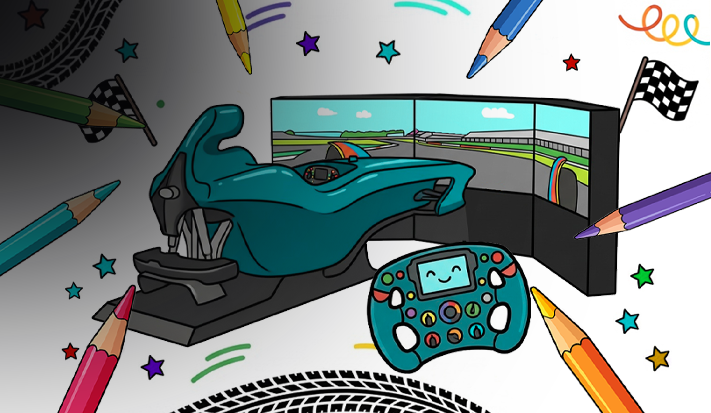 Racing-themed coloring book illustration featuring a child-friendly racing simulator scene.