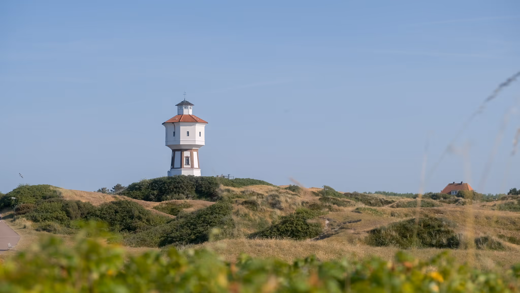 Blick aus den Dünen auf den Wasserturm von Langeoog bei gutem Wetter