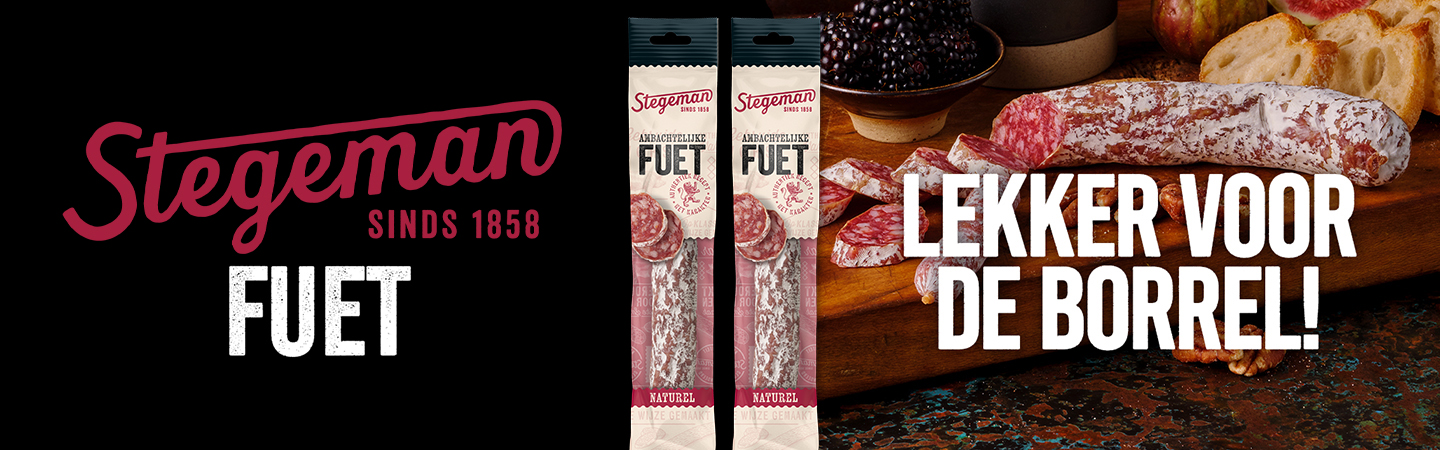 Banner met verschillende Stegeman producten en een borrelplank