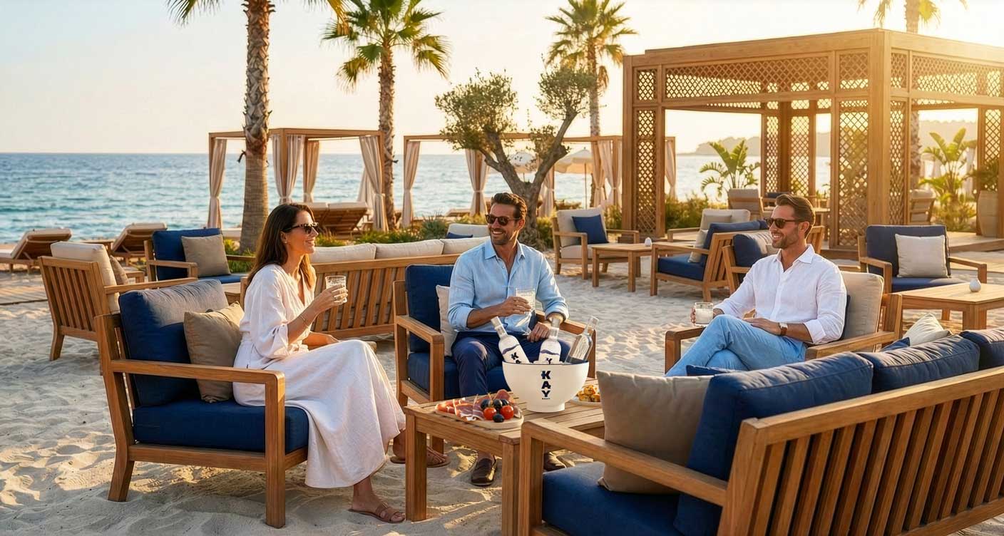 drie personen in een lounge setting met Kay Sake