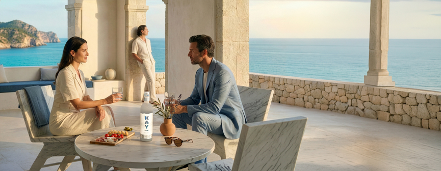 twee personen in een mediterraanse omgeving met Kay Sake