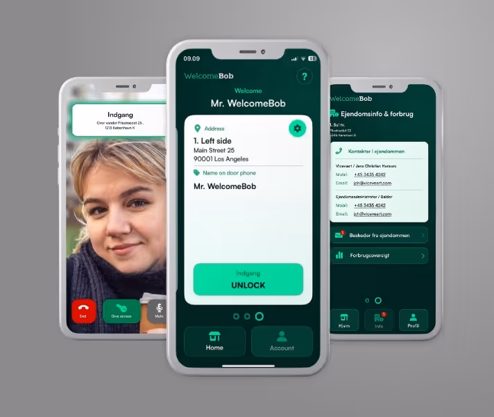 Tre smartphones med en sikkerheds-app, der viser videoopkald, adresseinformation og ejendomsdetaljer på skærmene.