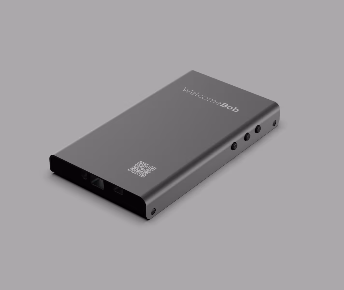 Sort rektangulært elektronisk enhed med teksten 'WelcomeBob' og en QR-kode på overfladen.