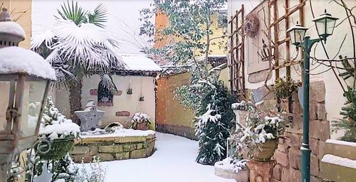 Snow-covered courtyard with plants, lanterns, and a small building under falling snow.
