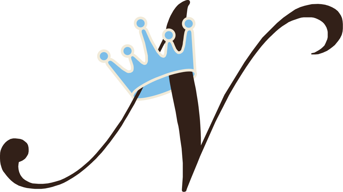Stylized letter N in dark brown with a light blue crown tilted on the middle stroke.