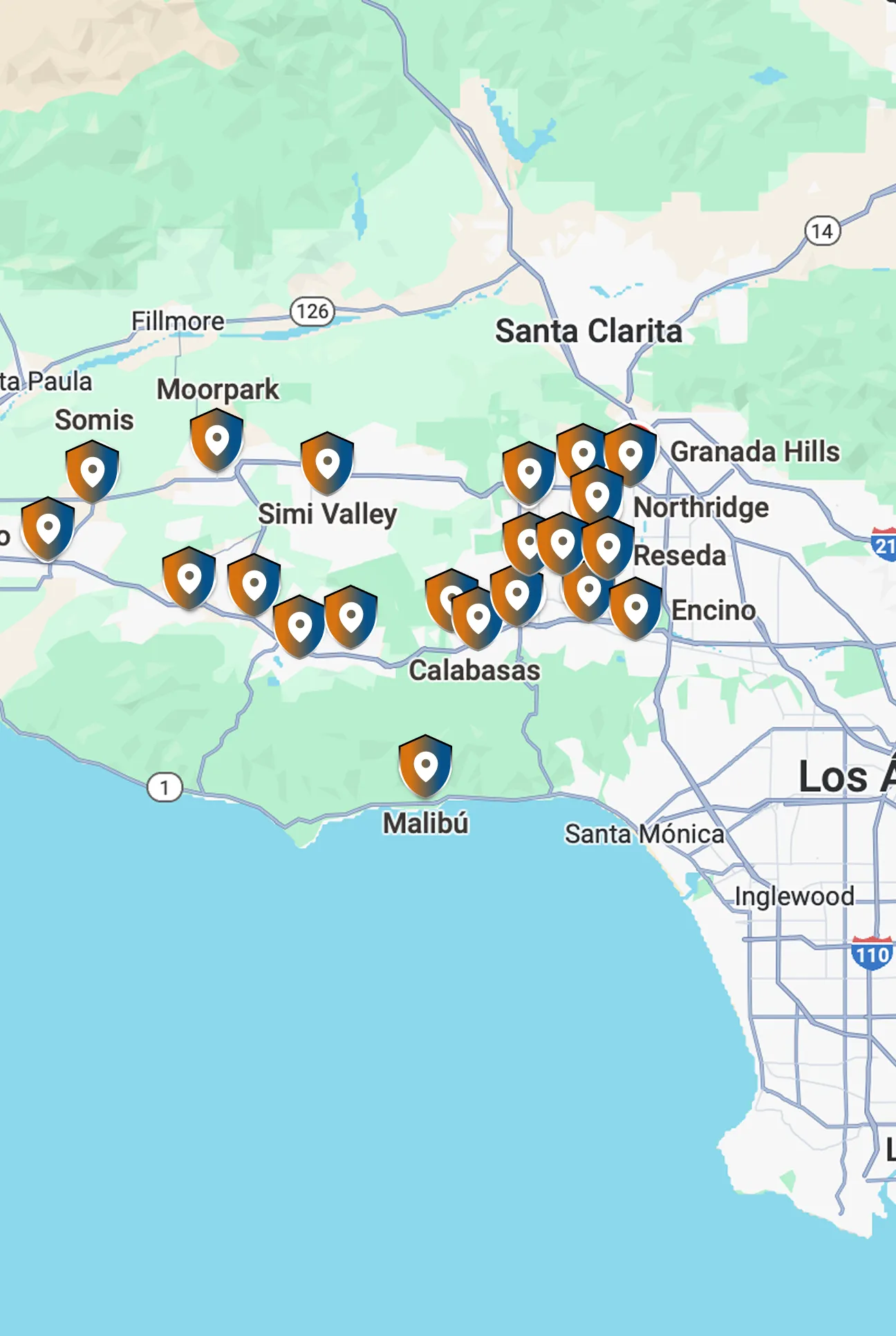 Map of Los Angeles region with location pins around Calabasas and Malibu