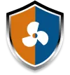 Shield logo with blue and orange colors featuring a stylized propeller symbol
