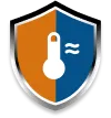 Security shield icon with thermometer symbol in blue and orange