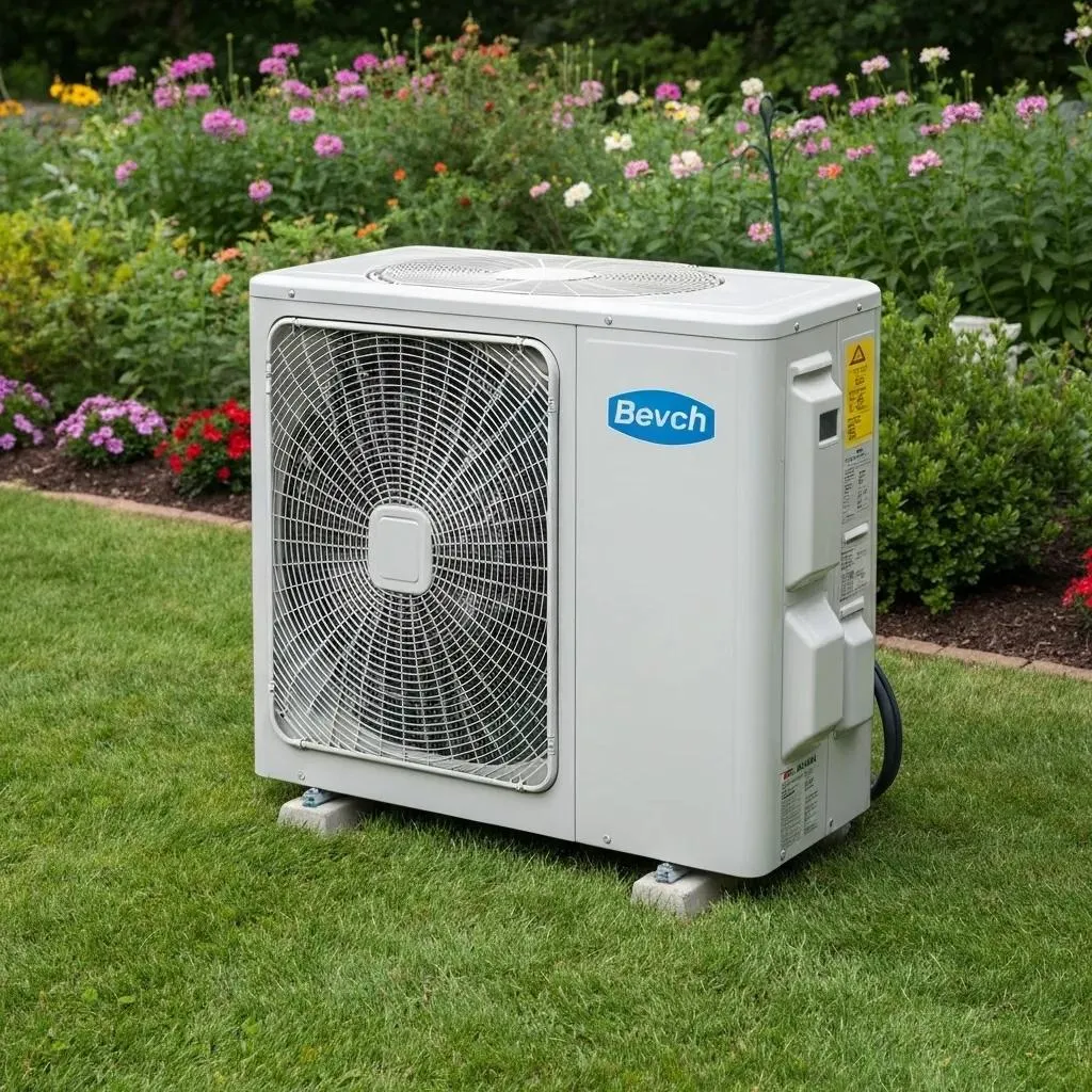 Clean outdoor AC unit in a well-maintained garden, illustrating effective outdoor unit care and maintenance