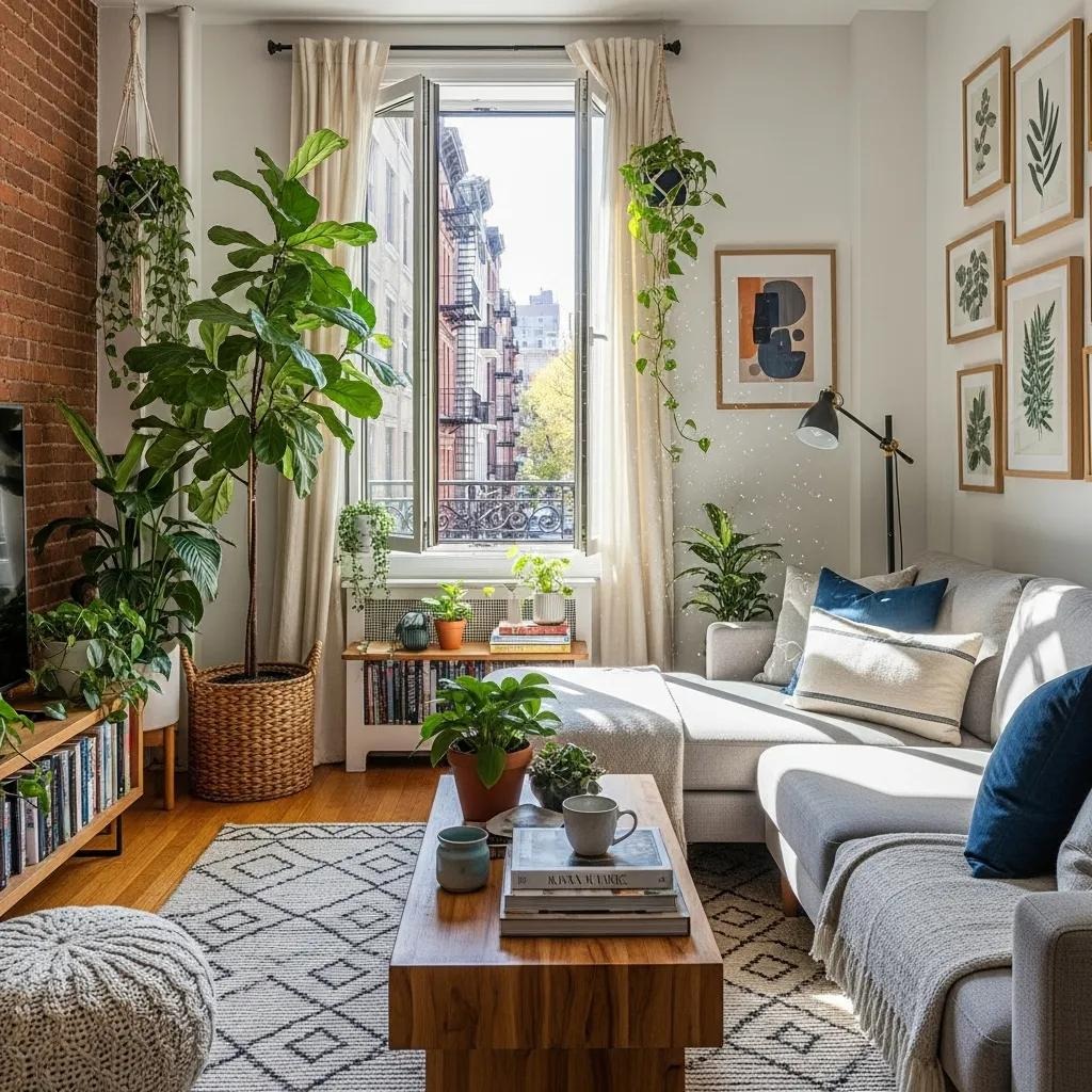 Cozy NYC living room with open window and plants, highlighting healthier indoor air