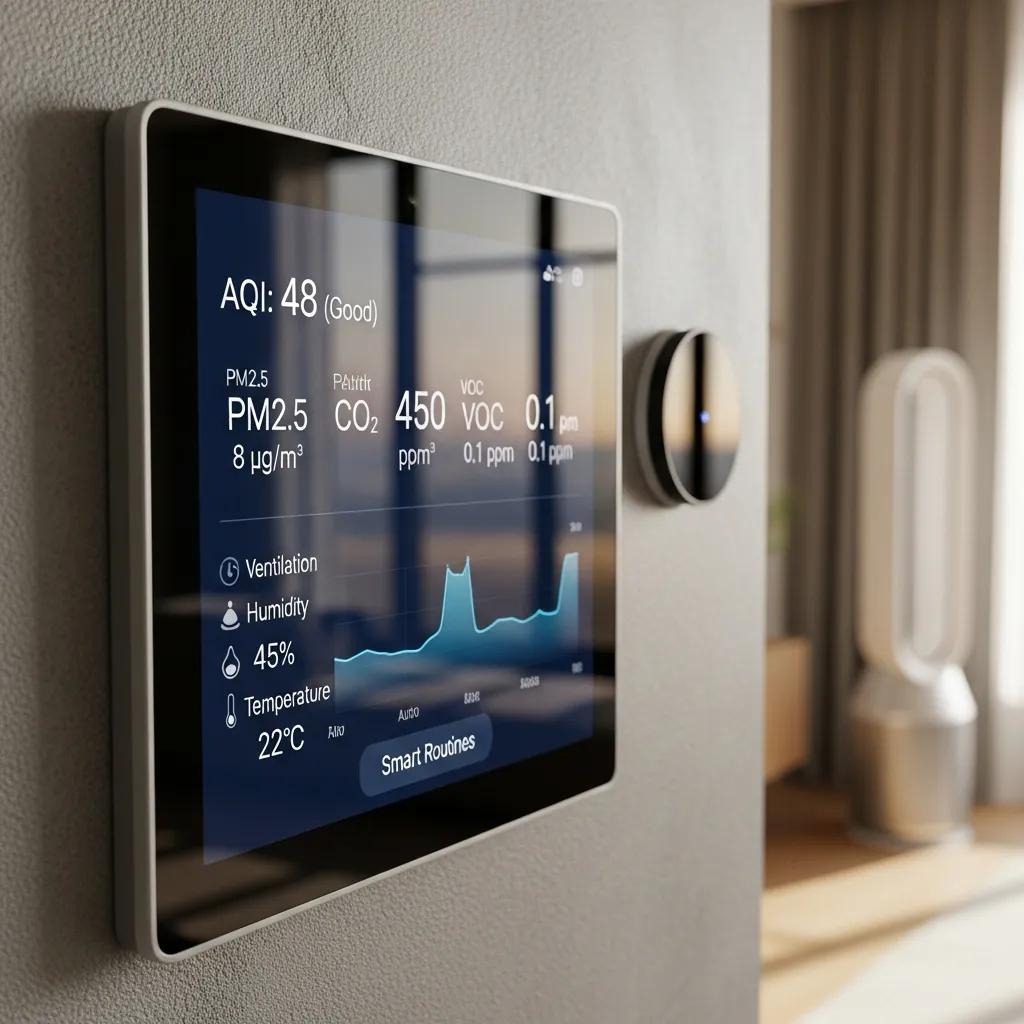 Smart home ventilation control panel showing air quality and system settings
