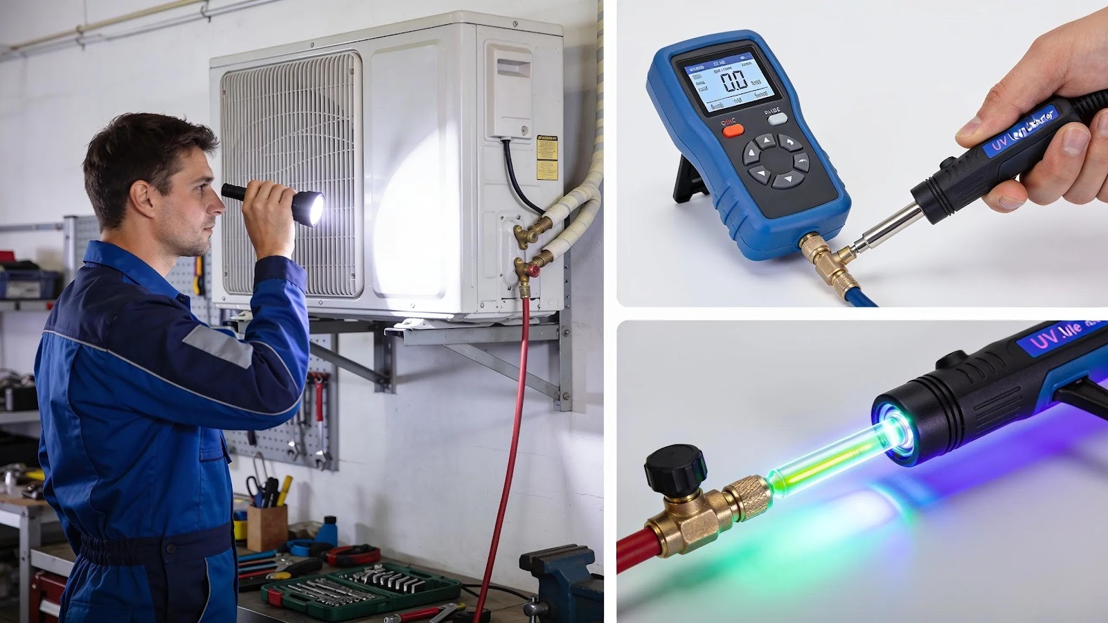 Different methods for detecting refrigerant leaks, including visual inspection, electronic leak detector, and UV dye application