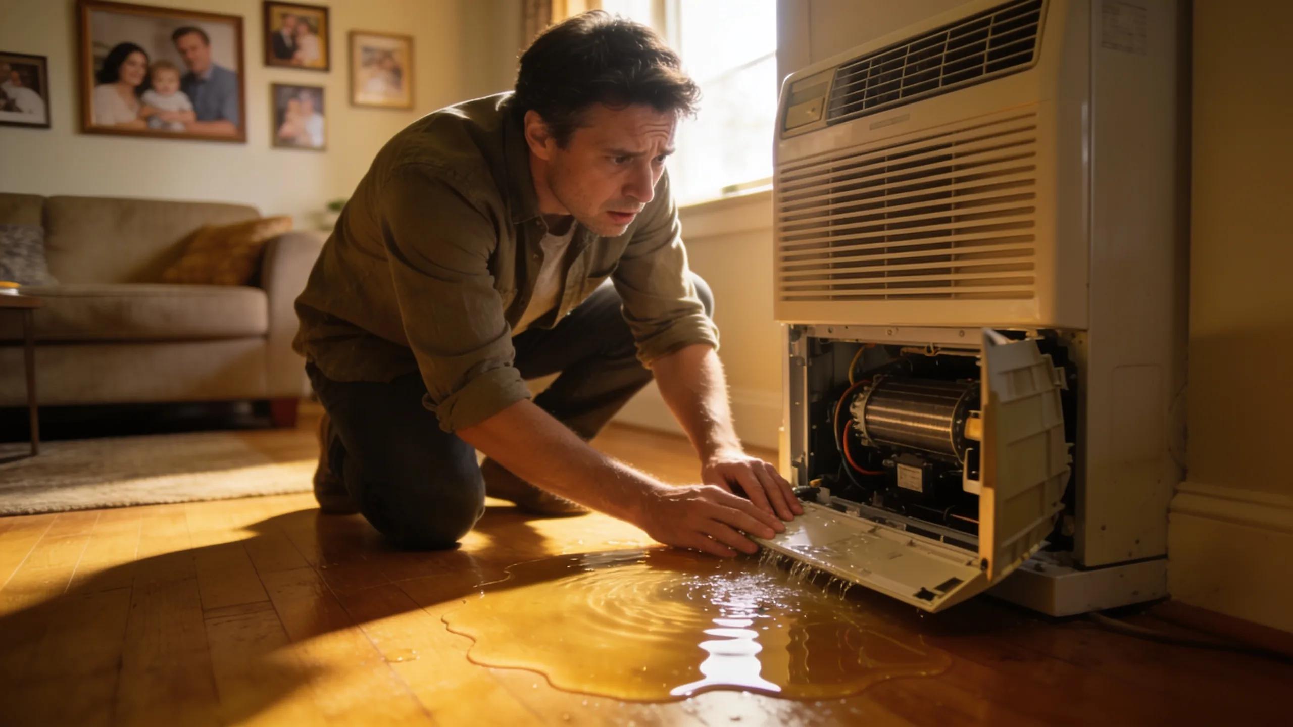 Homeowner examining an air conditioning unit with water pooling on the floor, illustrating AC leakage concerns
