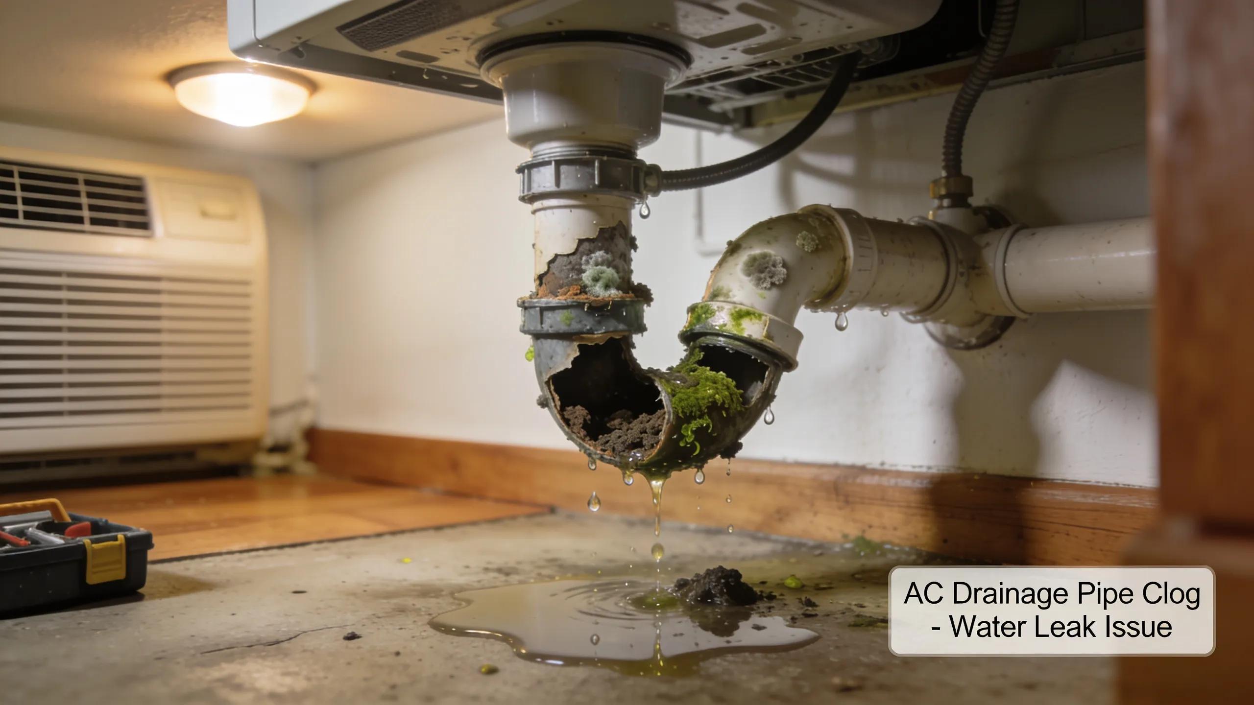 Clogged drainage pipes in an air conditioning system, illustrating a common cause of water leaks