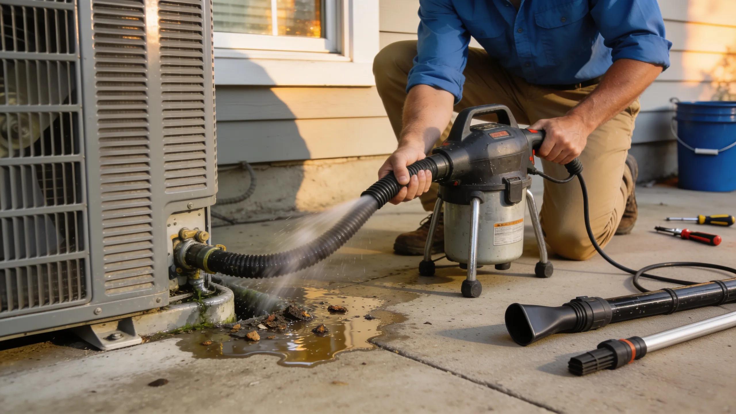 Person using a wet/dry vacuum to clear a clogged AC drain line, representing DIY solutions for air conditioning leaks
