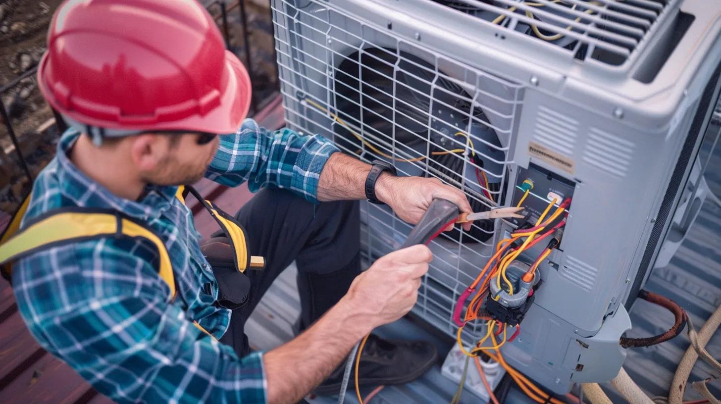 Technician performing maintenance on a rooftop HVAC unit