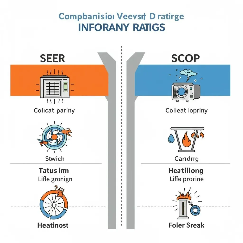 A clear visual comparison chart showing SEER, EER, and SCOP ratings and their efficiency differences
