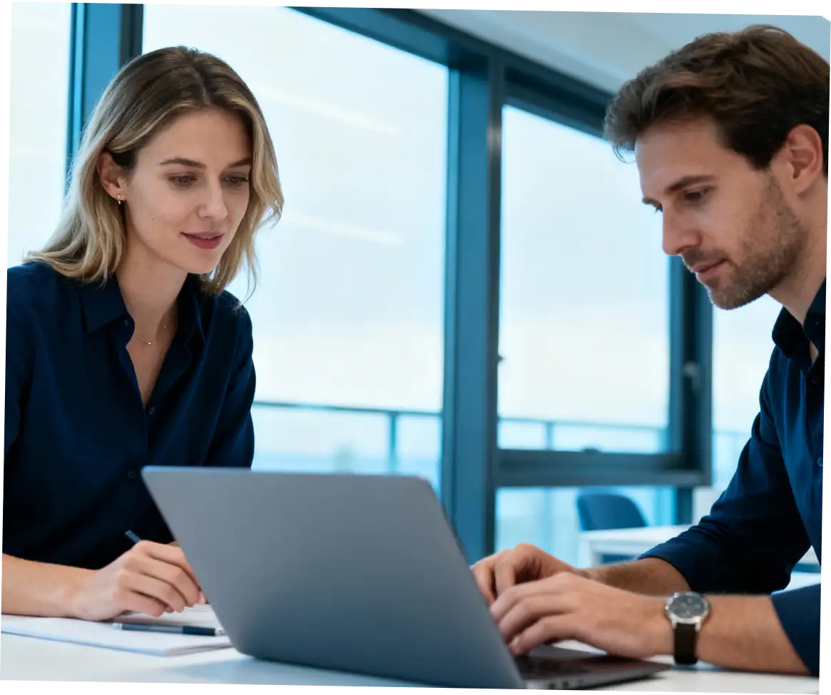 Two colleagues, a woman and a man, working together on a laptop in a modern office with large windows.