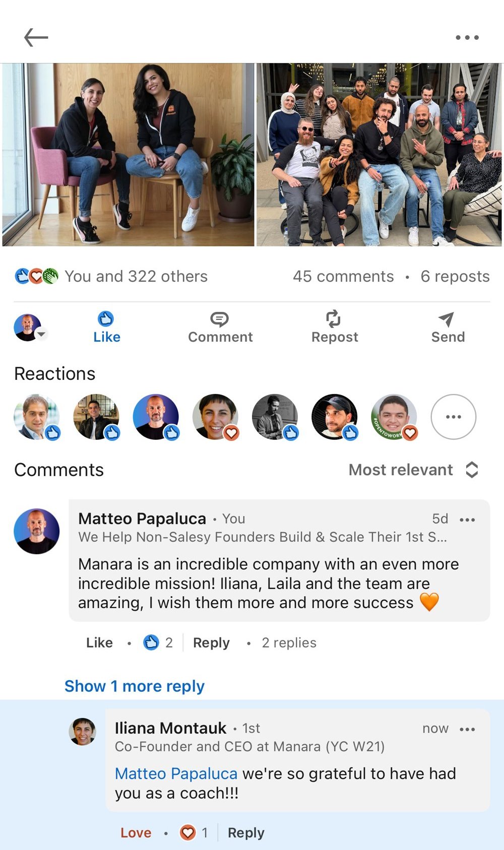 LinkedIn comment by Iliana Montauk, Co-Founder and CEO at Manara (YC W21), thanking Matteo Papaluca as a coach