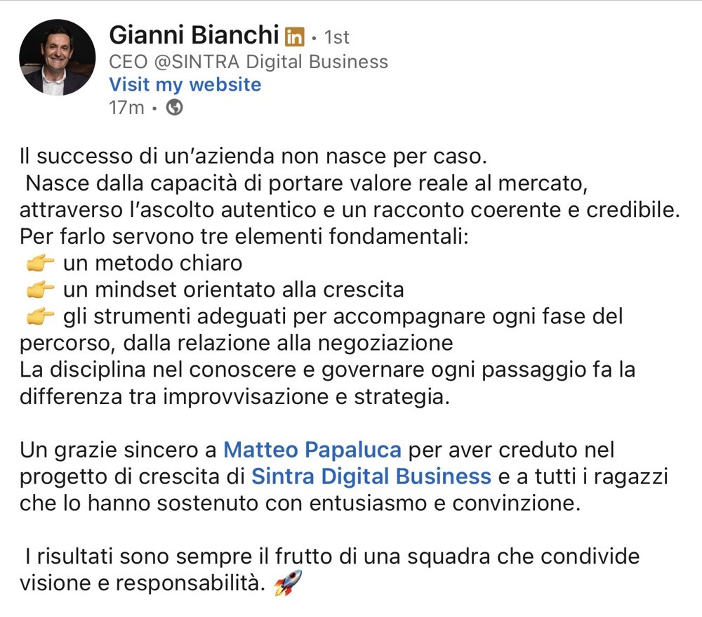 LinkedIn post by Gianni Bianchi, CEO of SINTRA Digital Business, thanking Matteo Papaluca