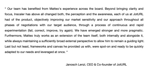 Testimonial letter text from Janosch Lenzi, CEO and Co-founder of JotURL