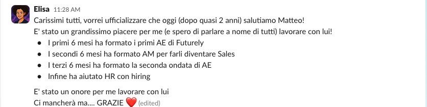 Slack message from Elisa at Futurely