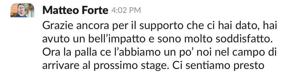 Slack message from Matteo Forte of Switch thanking Matteo for the support and its impact