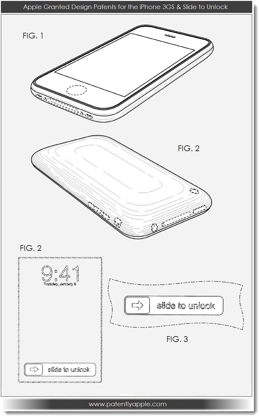 Apple design patent illustration for iPhone 3GS slide-to-unlock feature