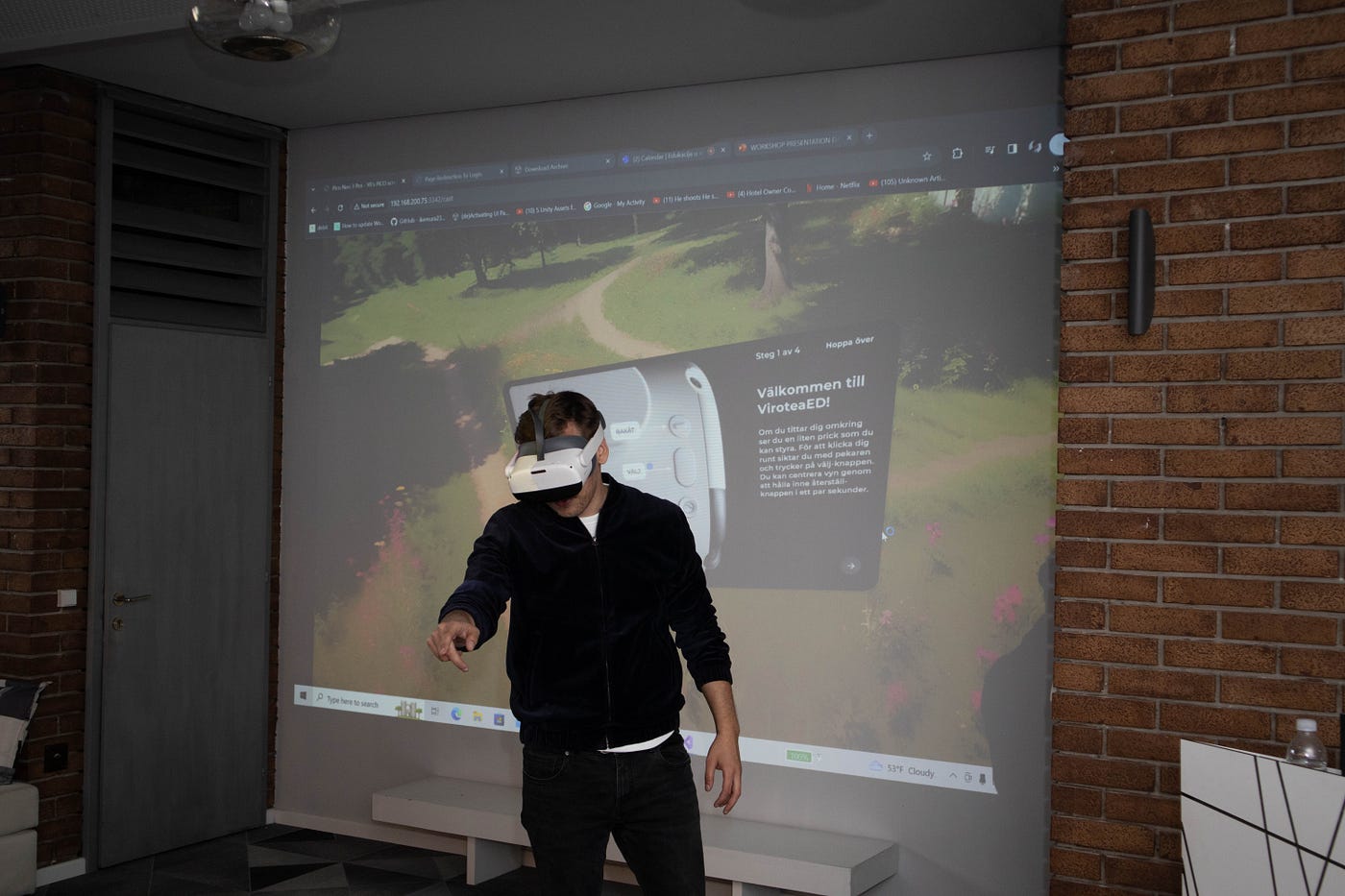Man using a virtual reality headset in a modern workspace