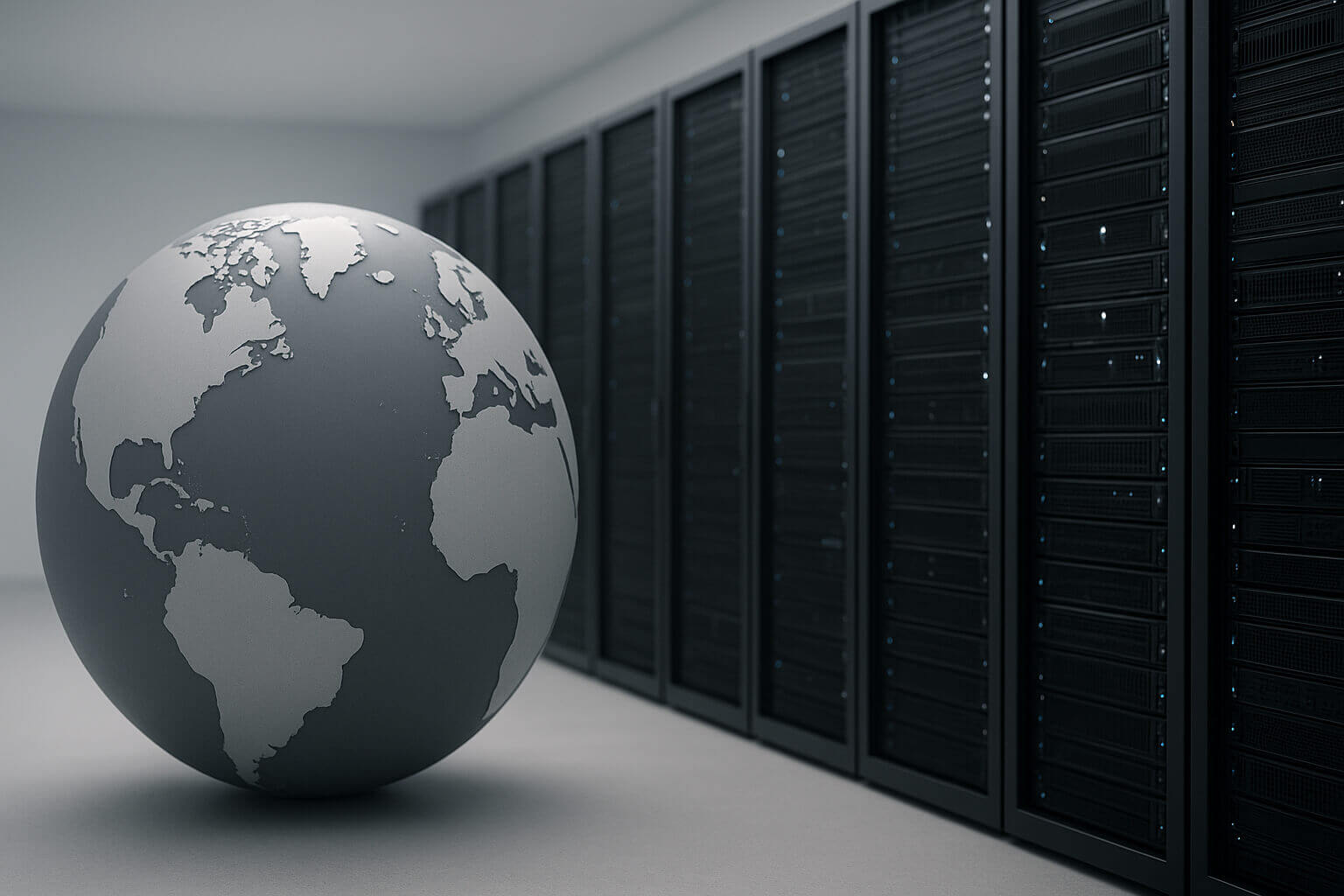 A large gray globe stands in front of a row of black server racks in a minimalist room.